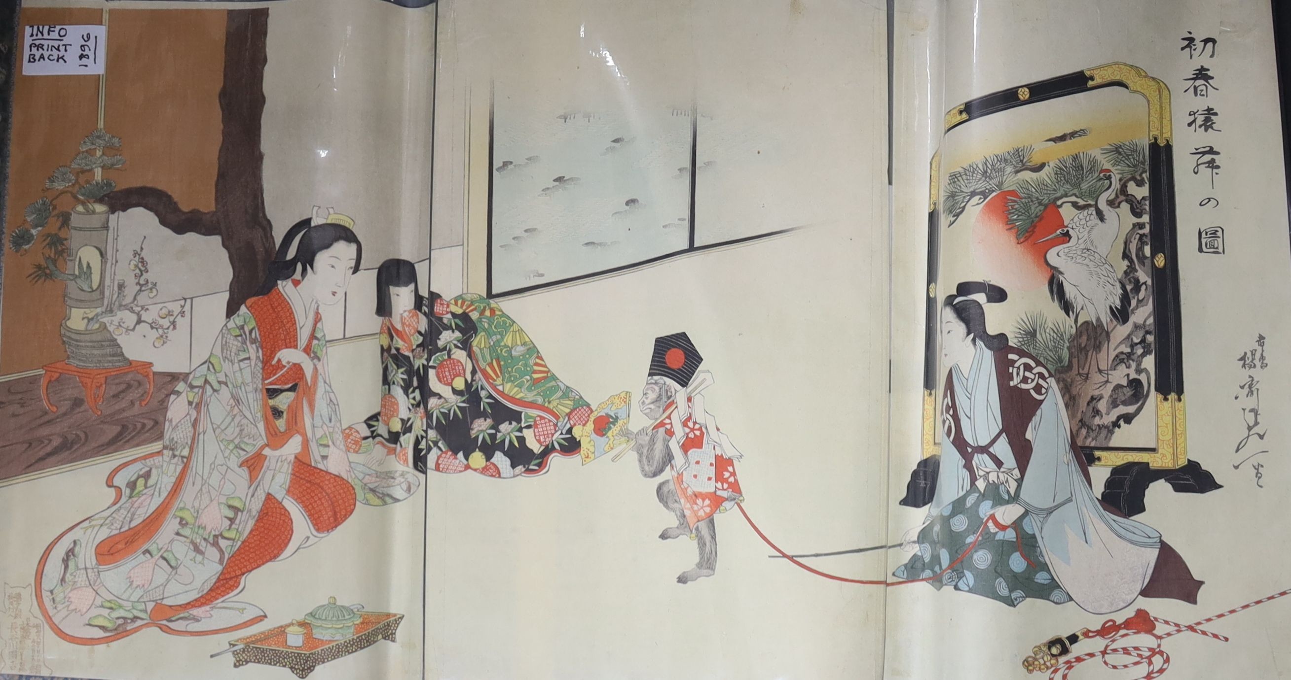 Three Japanese woodblock triptychs by Chikanobu Toyohara and others, Oban format